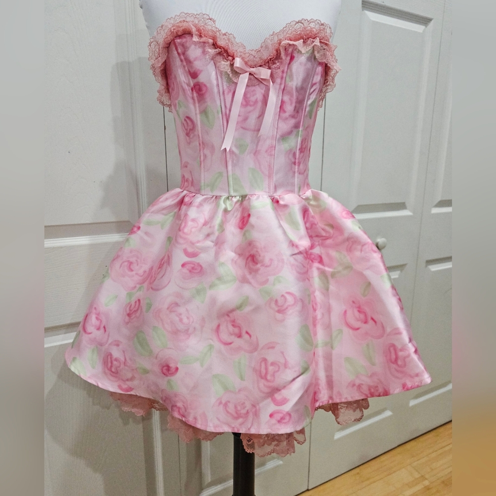 Dolls Kill Sugar Thrillz Forever Fancy Corset Pink Floral Rose Lace Mini Dress S